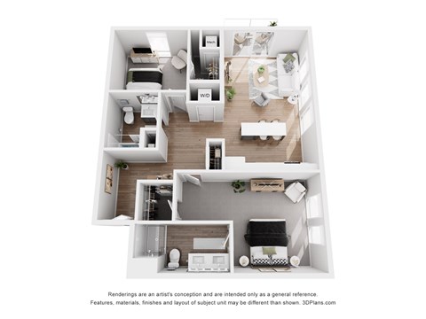 A 3D floor plan of a small apartment with a kitchen, living room, and bathroom.